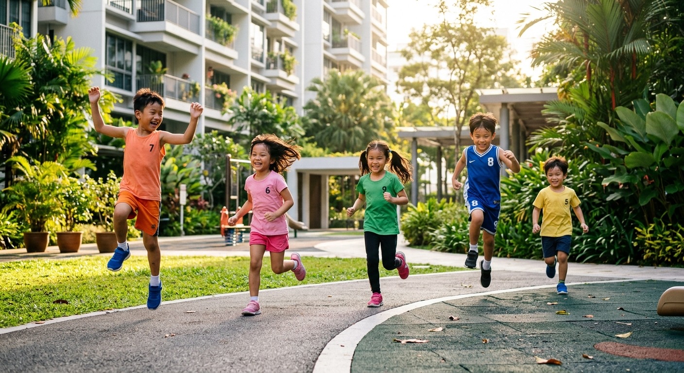 Kids doing outdoor fitness at The Interlace