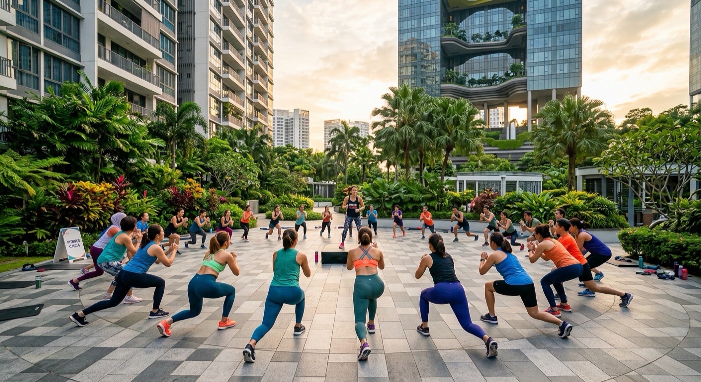 Group exercising outdoors at a condo