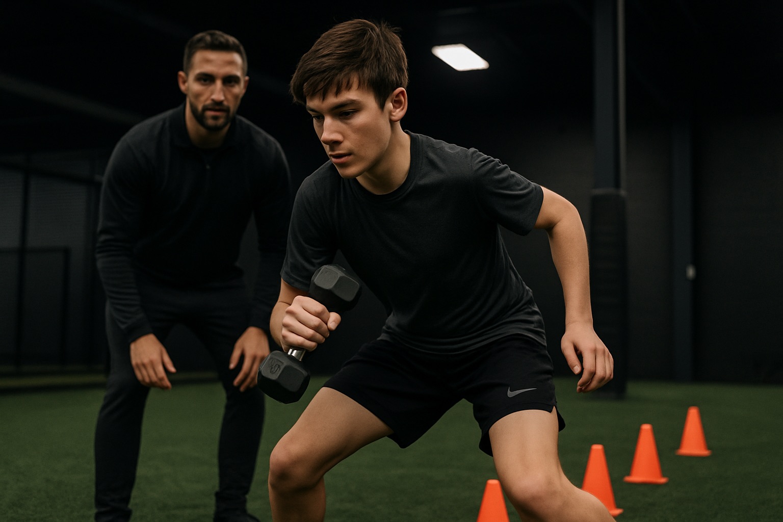 A FitBeat coach running a young athlete through agility work