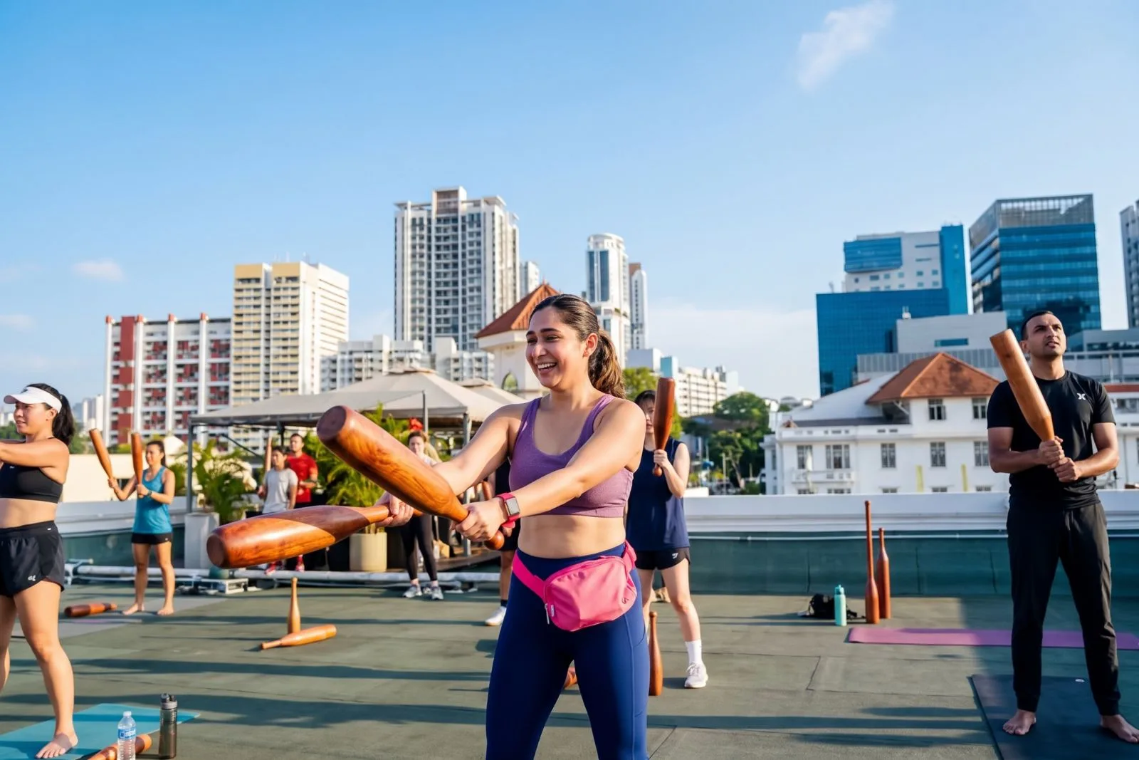 A smiling participant swings Indian clubs during a Timba rooftop class.
